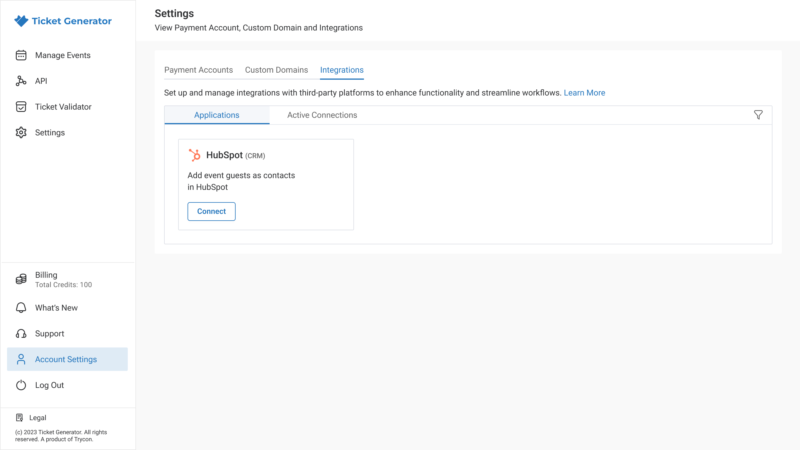 HubSpot integration option is available Setting tab